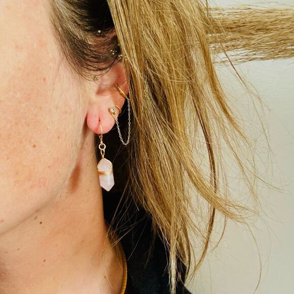 Rose Quartz Gold Handmade Boho Gemstone Crystal Hoop Earrings Hoops Jewelry - Picture 8 of 10